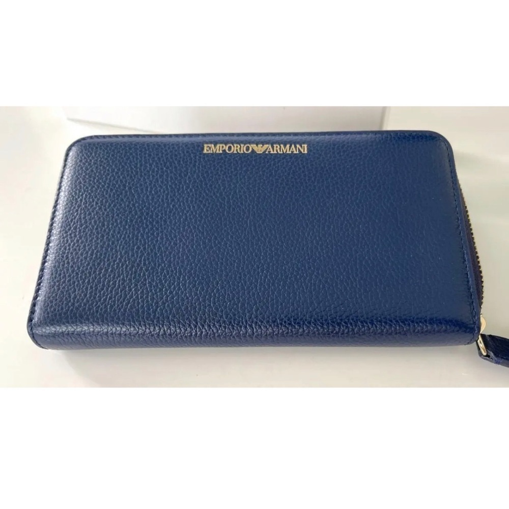 Emporio Armani Blue Leather Zip Around Wallet Unisex Cervo Pebbled Organizer